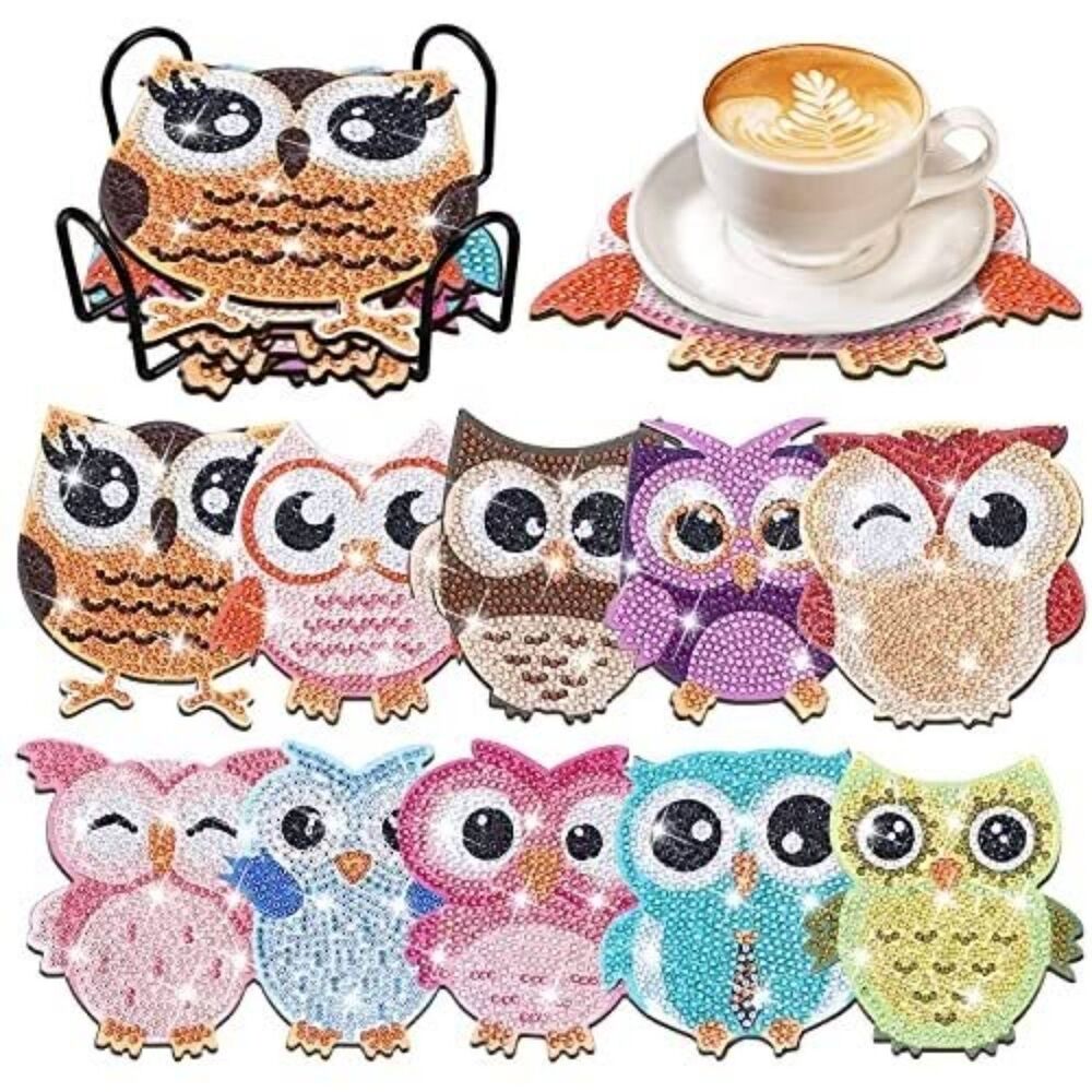Diamond Painting Coasters Owl Owls Shaped DIY Kits 10 Pcs NEW